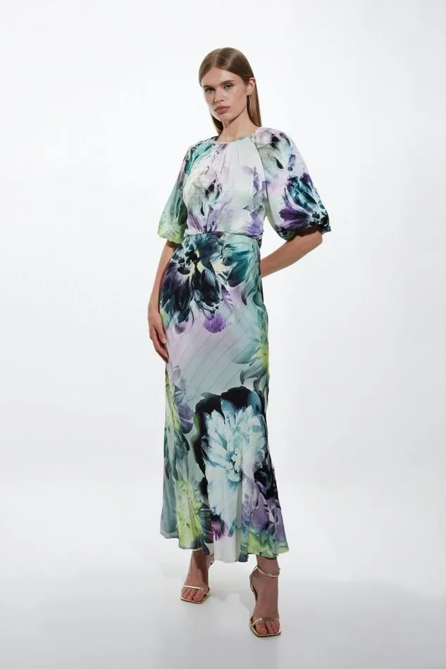Dresses Women Karen Millen Tall Spring Floral Printed Hammered Satin Woven Midi Dress Blue Dresses Women Karen Millen Tall Spring Floral Printed Hammered Satin Woven Midi Dress Blue