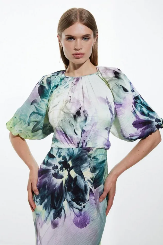 Dresses Women Karen Millen Tall Spring Floral Printed Hammered Satin Woven Midi Dress Blue
