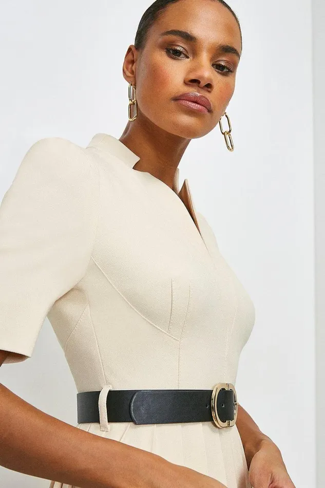Dresses Women Karen Millen Tall Structured Crepe Forever Pleat Belted Midi Dress Ivory