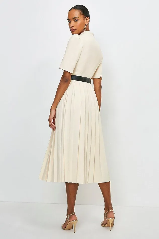 Dresses Women Karen Millen Tall Structured Crepe Forever Pleat Belted Midi Dress Ivory