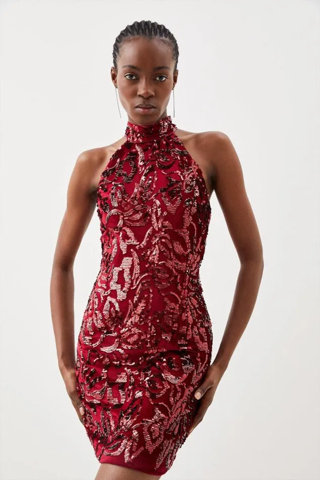 Dresses Women Karen Millen Velvet Sequinned Halter Woven Mini Dress Red