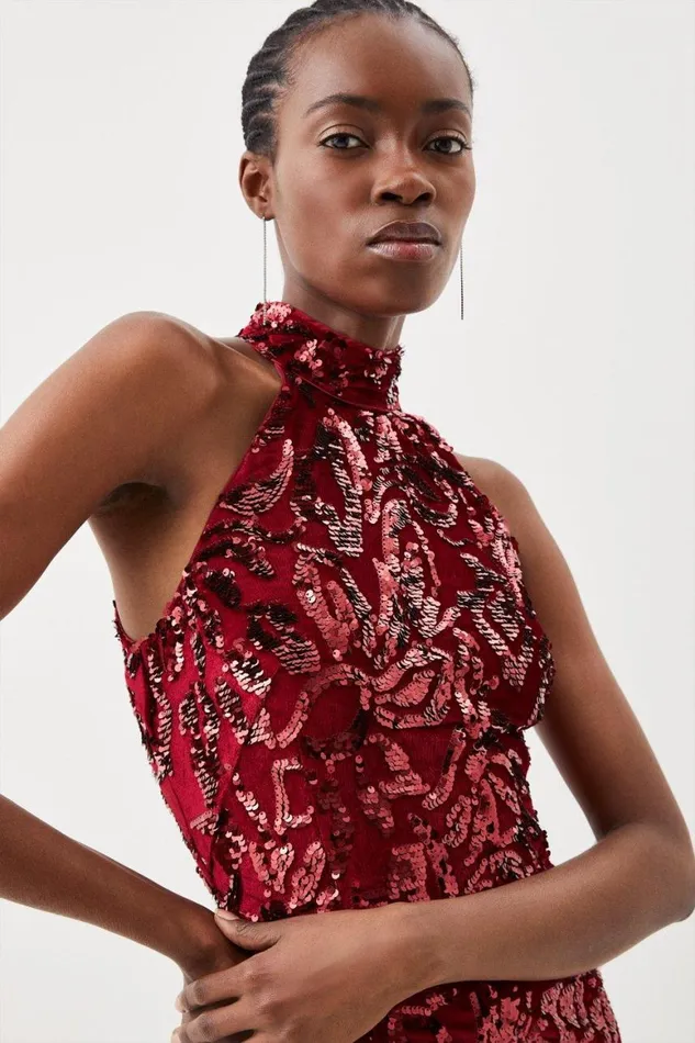 Dresses Women Karen Millen Velvet Sequinned Halter Woven Mini Dress Red