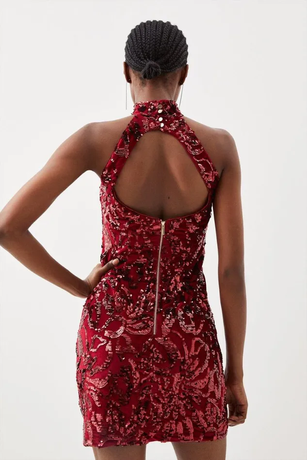 Dresses Women Karen Millen Velvet Sequinned Halter Woven Mini Dress Red