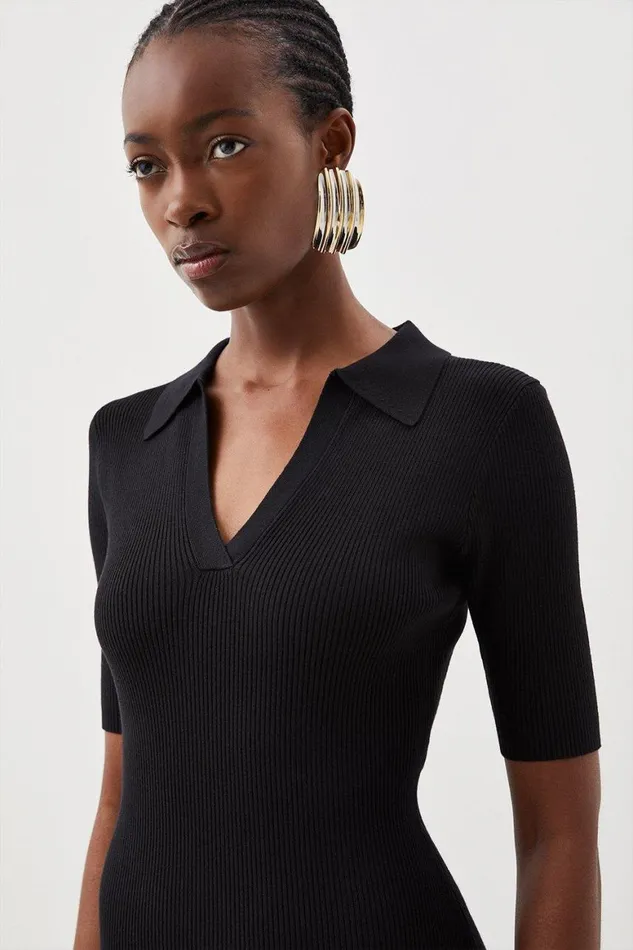 Dresses Women Karen Millen Viscose Blend Collared Rib Knitted Midi Dress Black