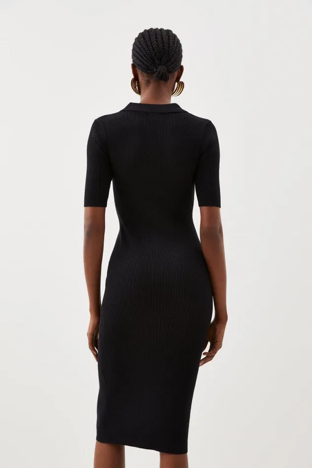 Dresses Women Karen Millen Viscose Blend Collared Rib Knitted Midi Dress Black