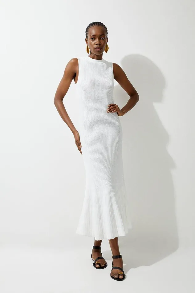 Dresses Women Karen Millen Viscose Blend Pointelle Knit Midaxi Dress Ivory