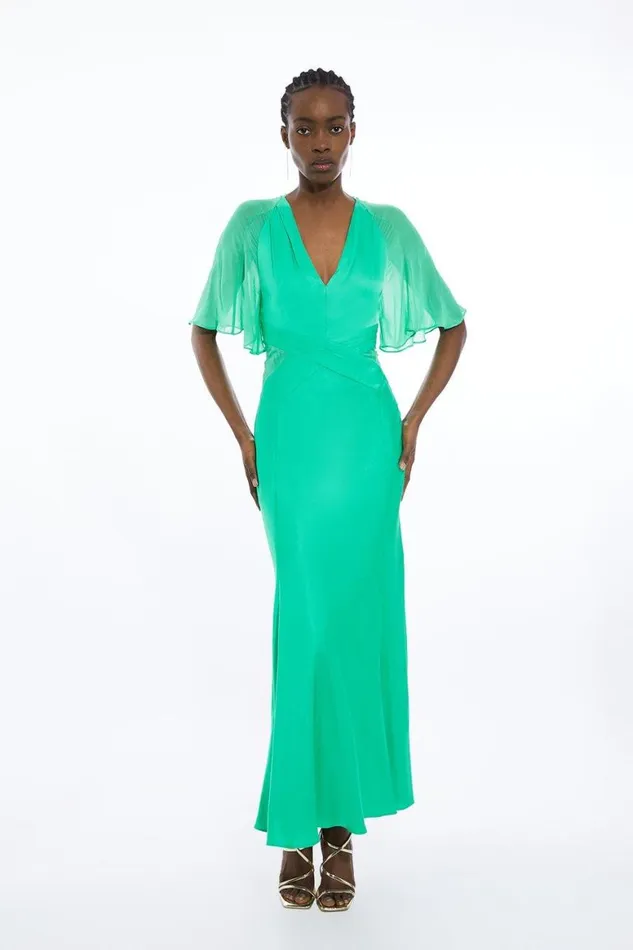 Dresses Women Karen Millen Viscose Georgette Angel Sleeve Woven Maxi Dress Green Dresses Women Karen Millen Viscose Georgette Angel Sleeve Woven Maxi Dress Green