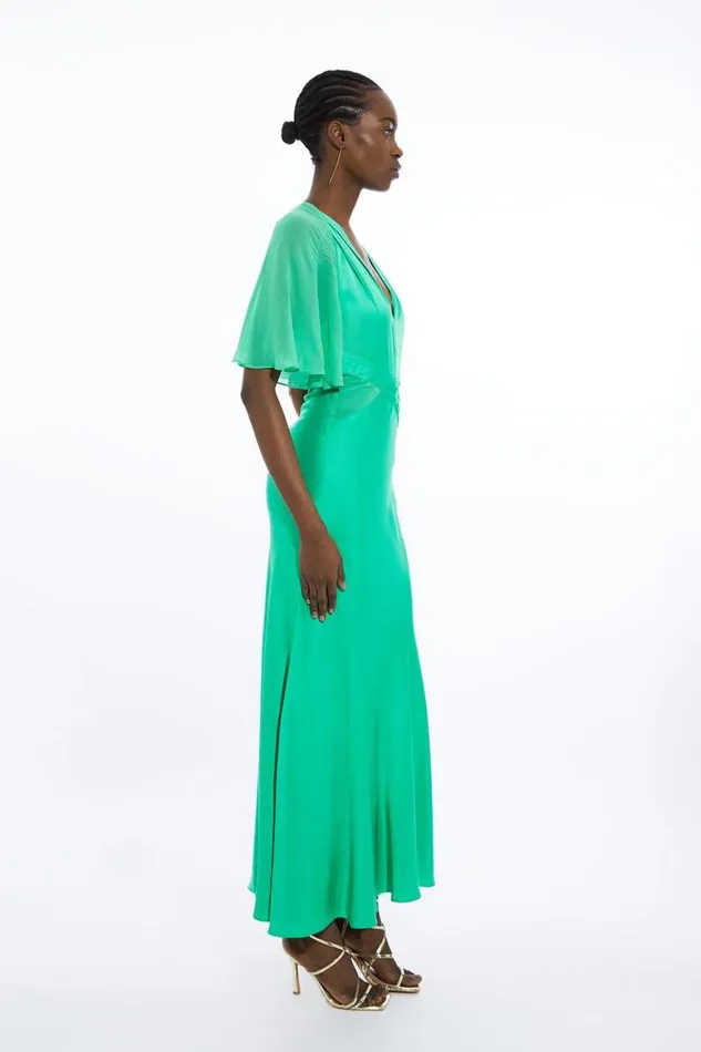 Dresses Women Karen Millen Viscose Georgette Angel Sleeve Woven Maxi Dress Green