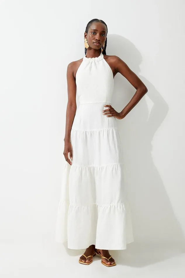 Dresses Women Karen Millen Viscose Linen Woven Tiered Halter Maxi Dress White Dresses Women Karen Millen Viscose Linen Woven Tiered Halter Maxi Dress White
