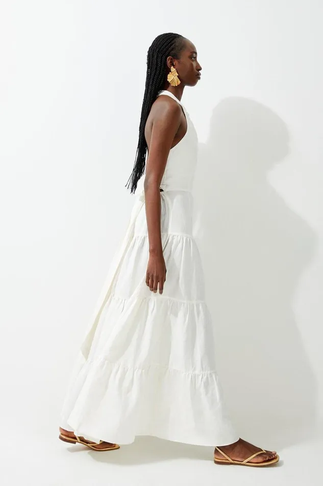 Dresses Women Karen Millen Viscose Linen Woven Tiered Halter Maxi Dress White