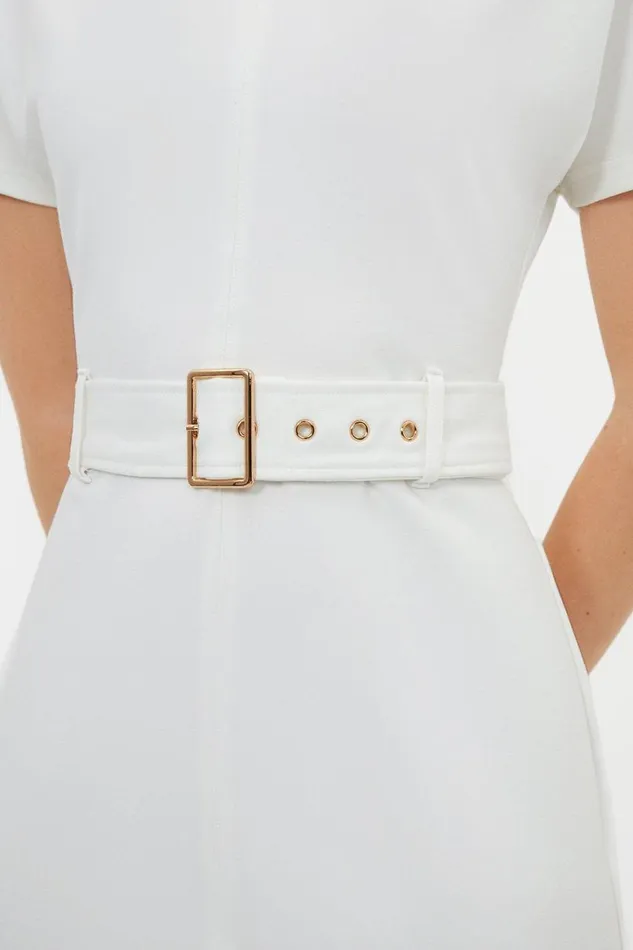 Dresses Women Karen Millen Waterfall Hem Belted Short Sleeve Ponte Jersey Maxi Dress Ivory