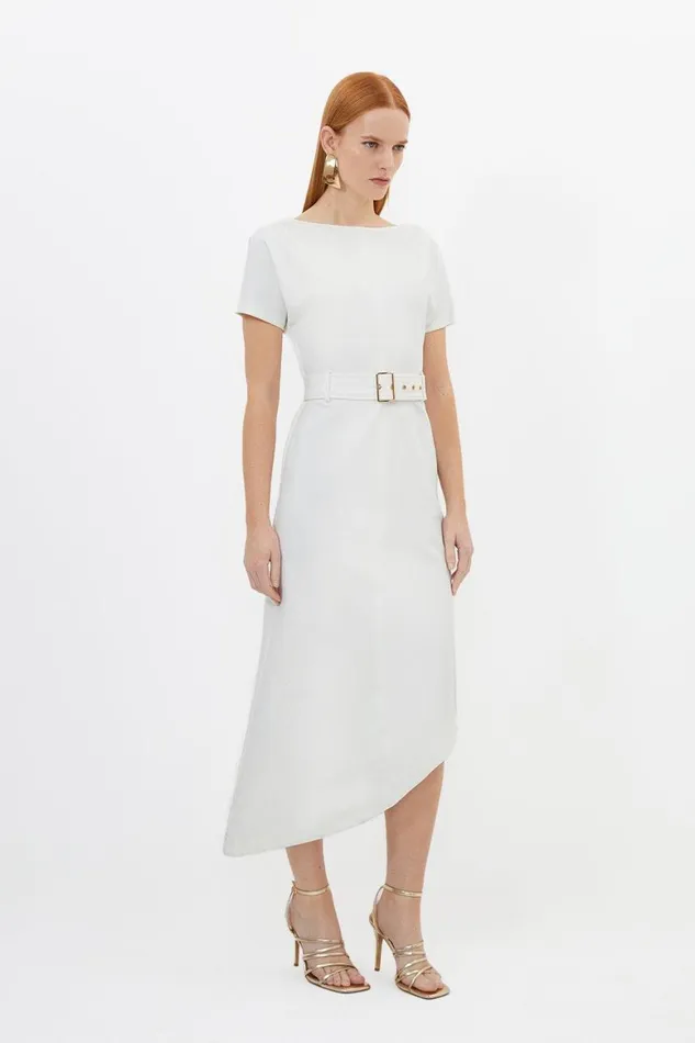 Dresses Women Karen Millen Waterfall Hem Belted Short Sleeve Ponte Jersey Maxi Dress Ivory