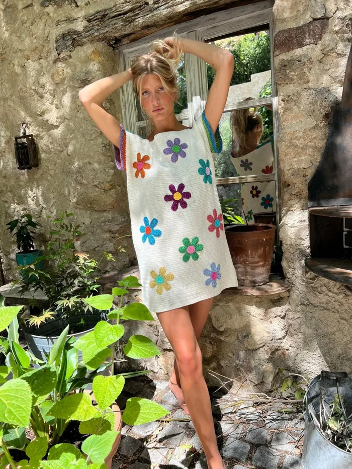 Dresses Women Rose Carmine DRESS NO SLEEVES FREE FLOWERS ECRU