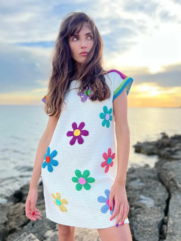 Dresses Women Rose Carmine DRESS NO SLEEVES FREE FLOWERS ECRU