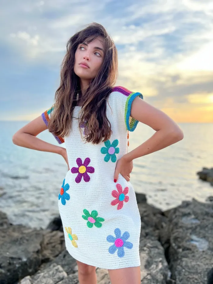 Dresses Women Rose Carmine DRESS NO SLEEVES FREE FLOWERS ECRU