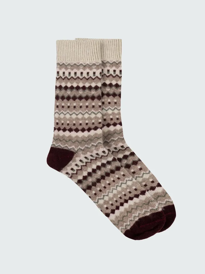 Finisterre Socks MenWomen Fair Isle Pattern Sock Oatmealoliveblack Cherry