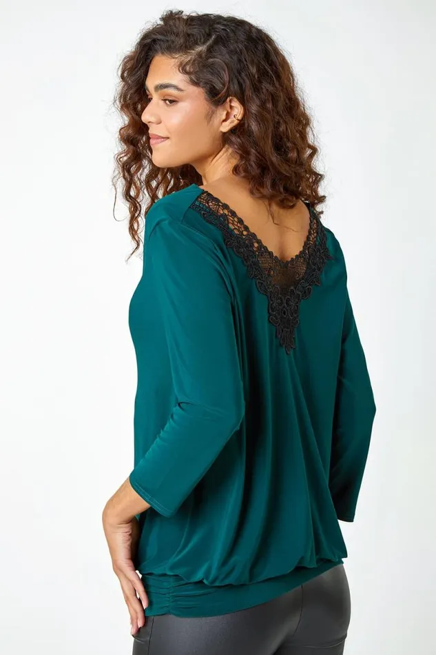 Forest Lace Back Cowl Neck Stretch Top Women Roman Tops