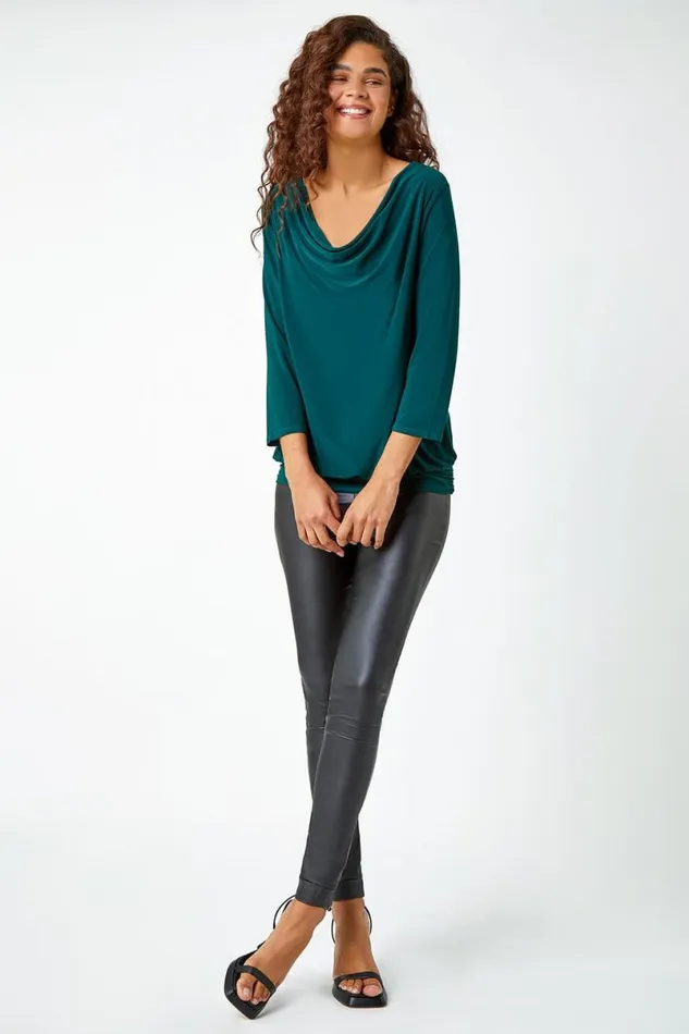 Forest Lace Back Cowl Neck Stretch Top Women Roman Tops