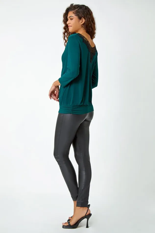 Forest Lace Back Cowl Neck Stretch Top Women Roman Tops