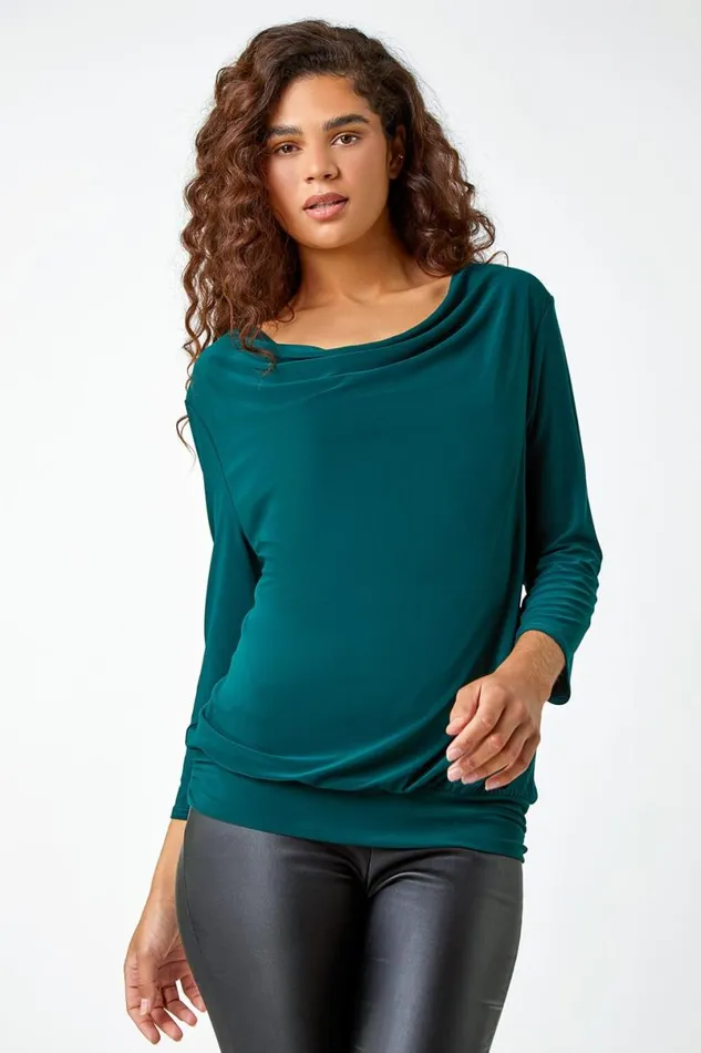 Forest Lace Back Cowl Neck Stretch Top Women Roman Tops