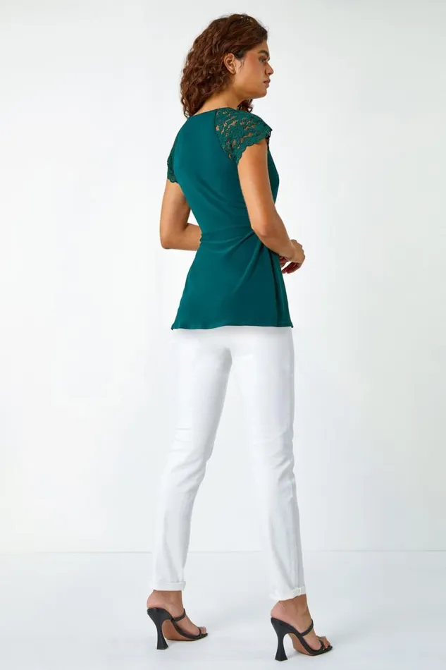Forest Lace Trim Stretch Wrap Top Women Roman Tops