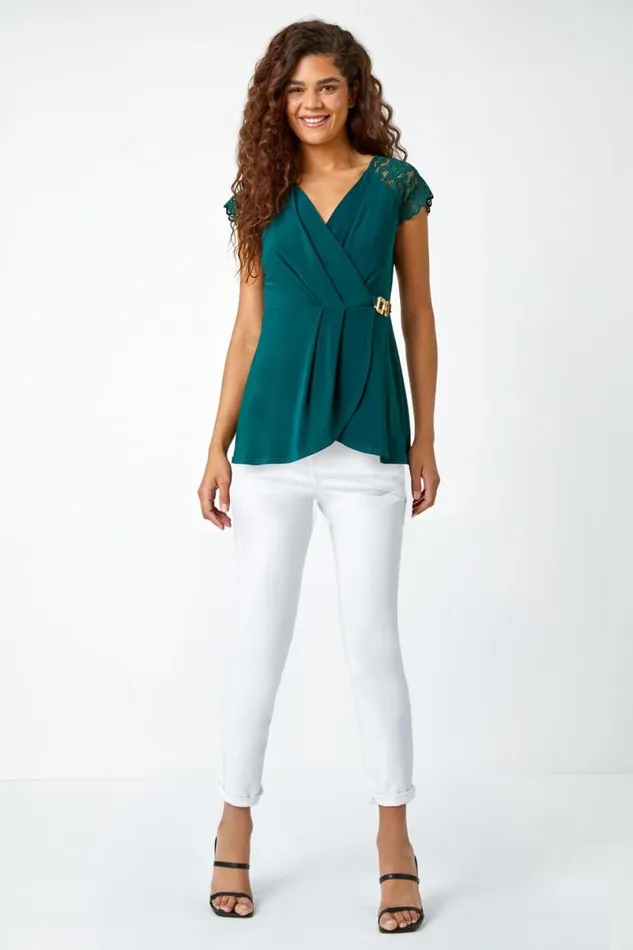 Forest Lace Trim Stretch Wrap Top Women Roman Tops