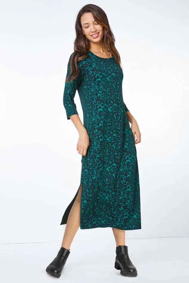 Forest Leopard Print Jersey Stretch Midi Dress Women Roman Dresses