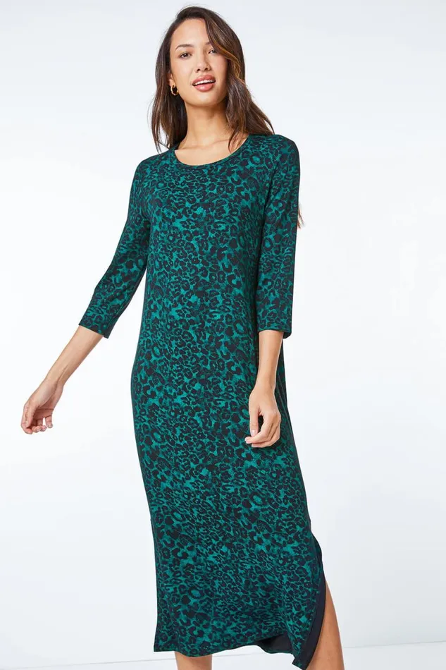 Forest Leopard Print Jersey Stretch Midi Dress Women Roman Dresses