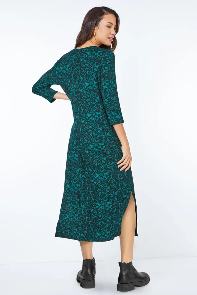 Forest Leopard Print Jersey Stretch Midi Dress Women Roman Dresses