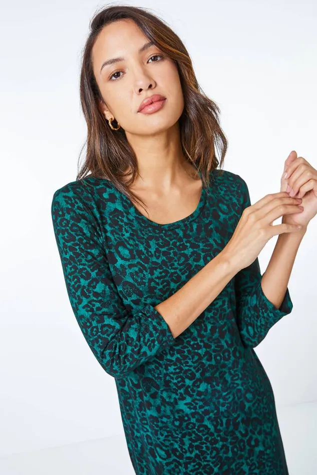 Forest Leopard Print Jersey Stretch Midi Dress Women Roman Dresses