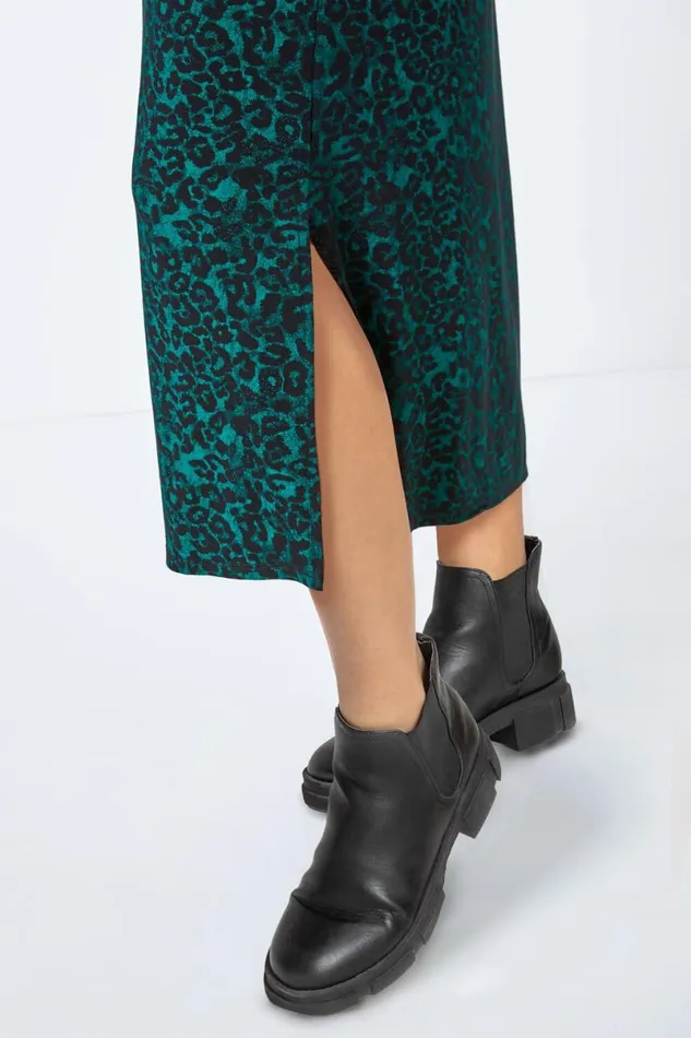 Forest Leopard Print Jersey Stretch Midi Dress Women Roman Dresses