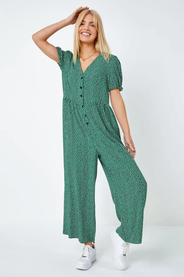 Forest Polka Dot Print Culotte Jumpsuit Women Roman Dresses