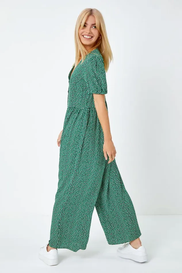 Forest Polka Dot Print Culotte Jumpsuit Women Roman Dresses