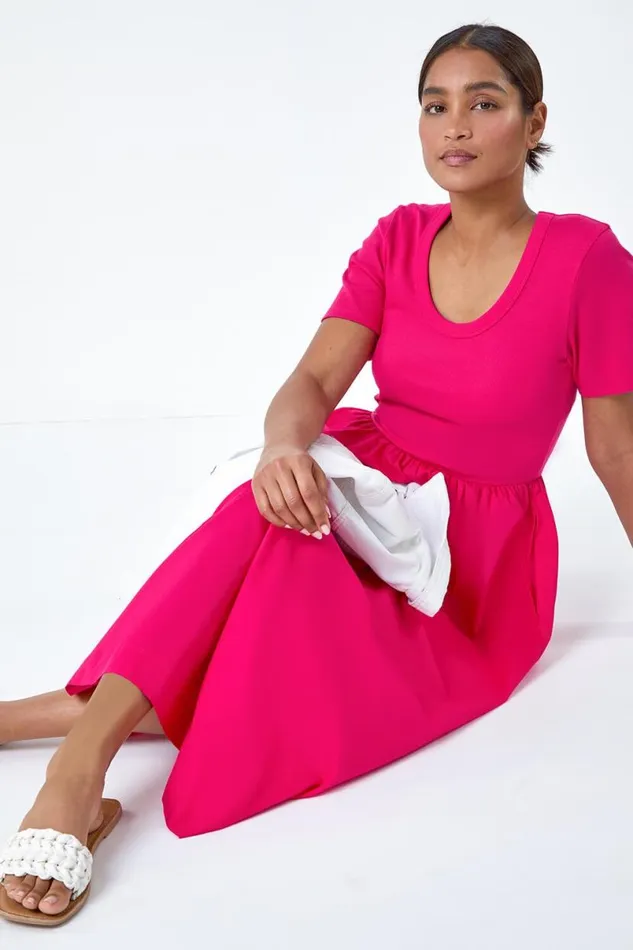 Fuchsia Cotton Stretch Jersey Mix Midi Dress Women Roman Dresses