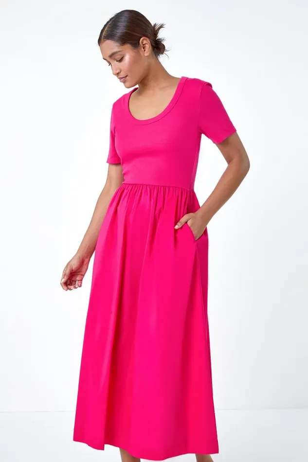 Fuchsia Cotton Stretch Jersey Mix Midi Dress Women Roman Dresses