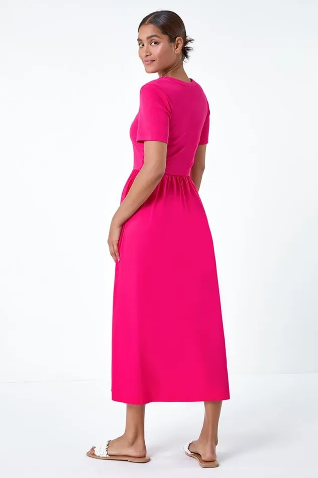 Fuchsia Cotton Stretch Jersey Mix Midi Dress Women Roman Dresses