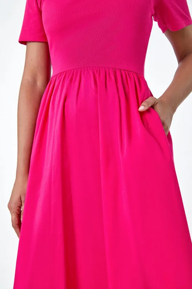 Fuchsia Cotton Stretch Jersey Mix Midi Dress Women Roman Dresses
