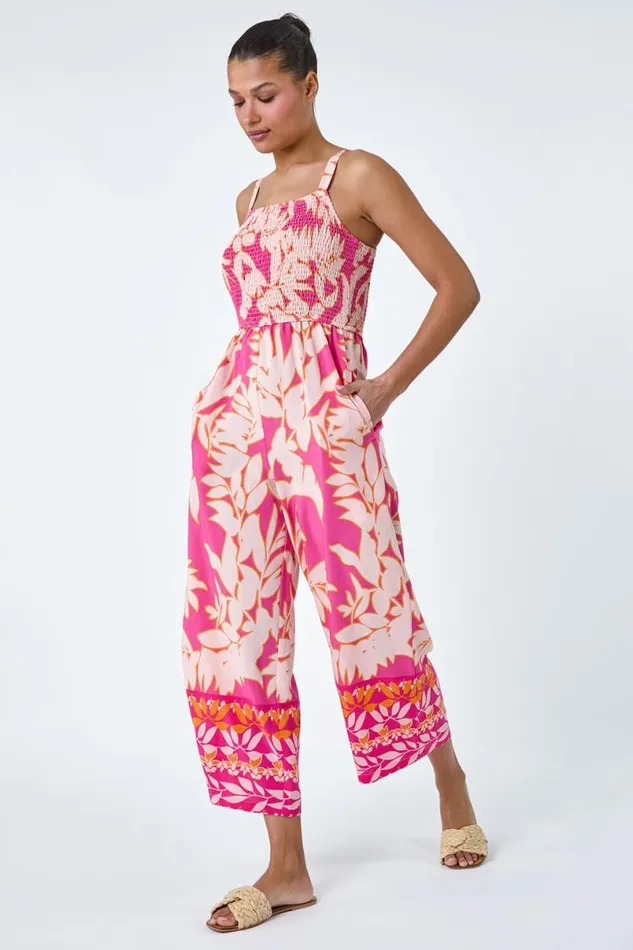 Fuchsia Floral Border Print Crop Stretch Jumpsuit Women Roman Dresses