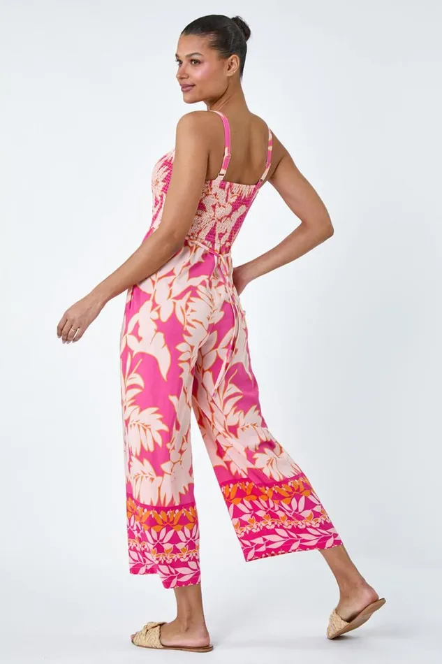 Fuchsia Floral Border Print Crop Stretch Jumpsuit Women Roman Dresses