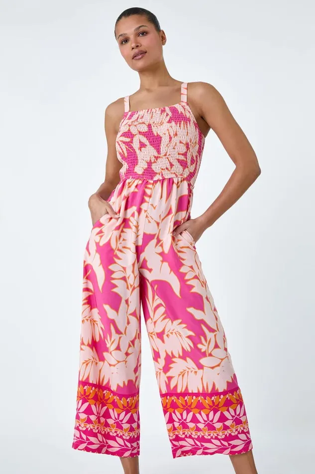 Fuchsia Floral Border Print Crop Stretch Jumpsuit Women Roman Dresses