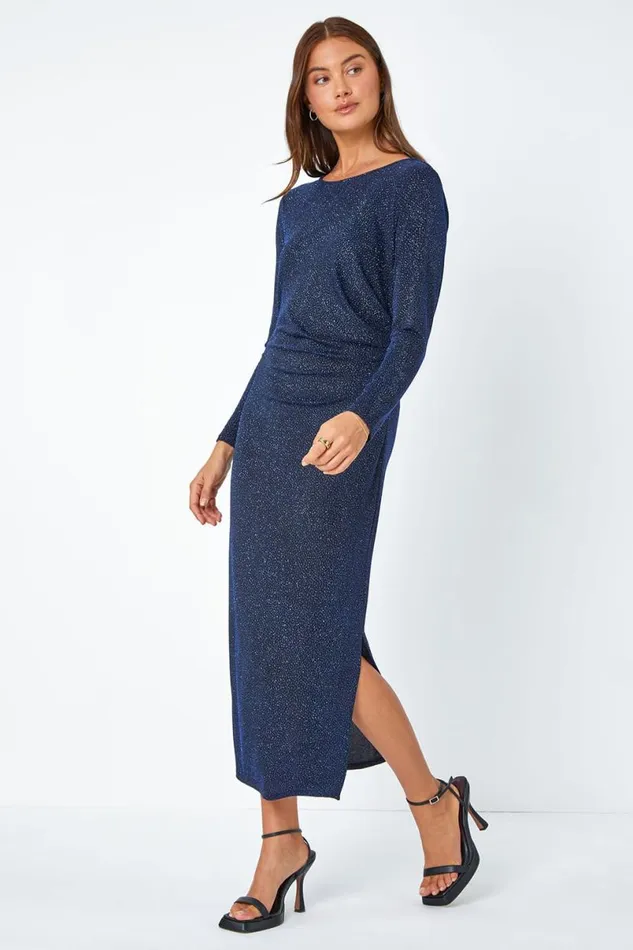Glitter Cowl Back Stretch Ruched Midi Dress Women Roman Dresses