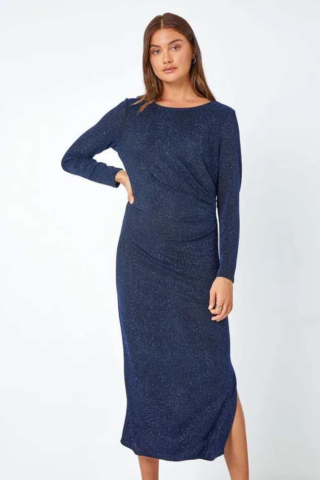 Glitter Cowl Back Stretch Ruched Midi Dress Women Roman Dresses