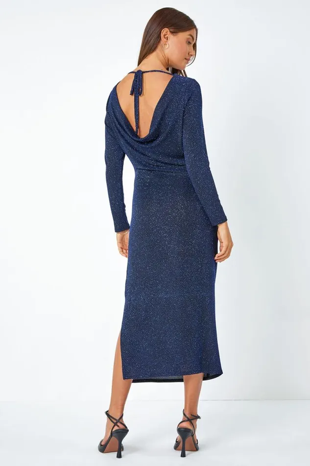 Glitter Cowl Back Stretch Ruched Midi Dress Women Roman Dresses