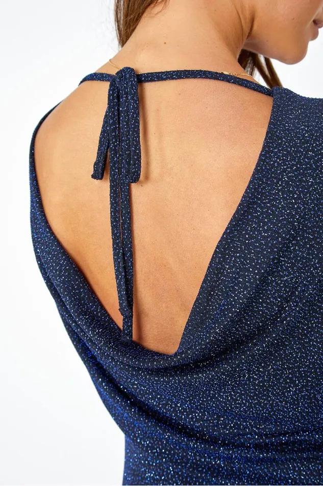Glitter Cowl Back Stretch Ruched Midi Dress Women Roman Dresses