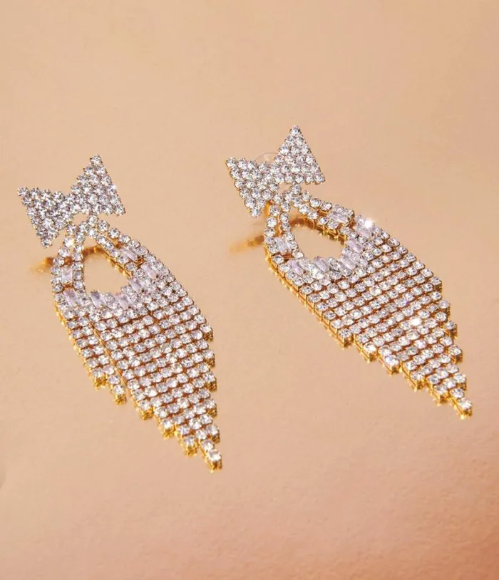 Gold and Rhinestone Bow Dangle Earrings Accessories Unique Vintage Earrings