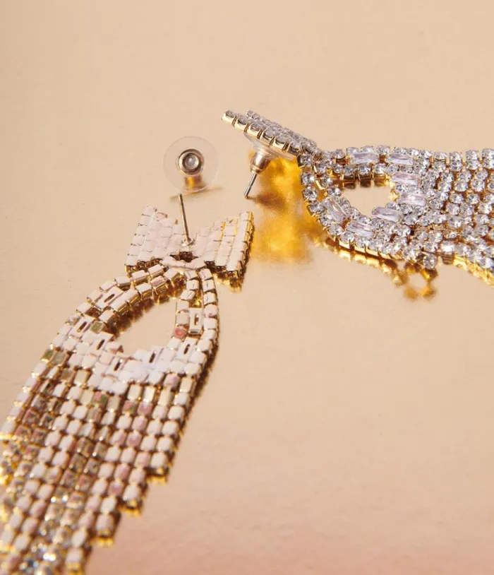 Gold and Rhinestone Bow Dangle Earrings Accessories Unique Vintage Earrings