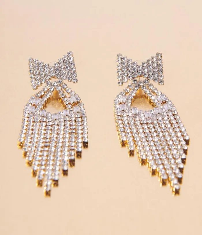 Gold and Rhinestone Bow Dangle Earrings Accessories Unique Vintage Earrings
