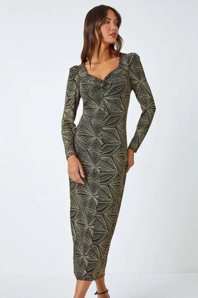 Gold Geometric Glitter Print Midi Stretch Dress Women Roman Dresses
