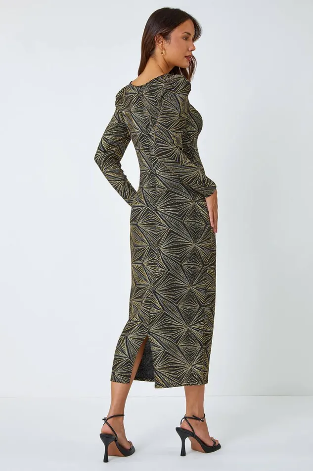 Gold Geometric Glitter Print Midi Stretch Dress Women Roman Dresses