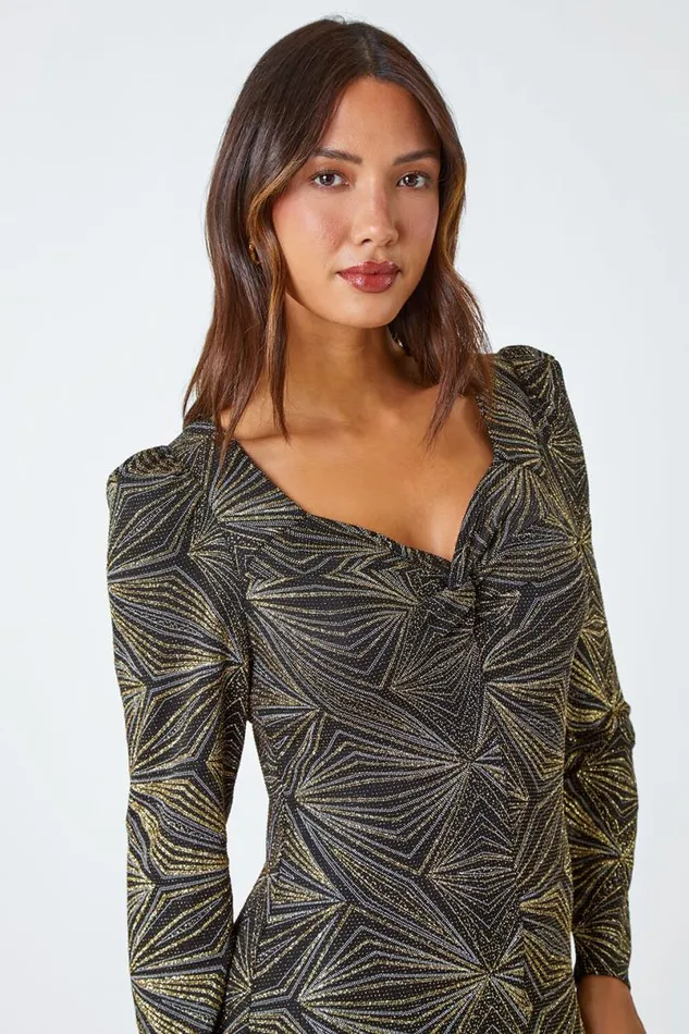 Gold Geometric Glitter Print Midi Stretch Dress Women Roman Dresses